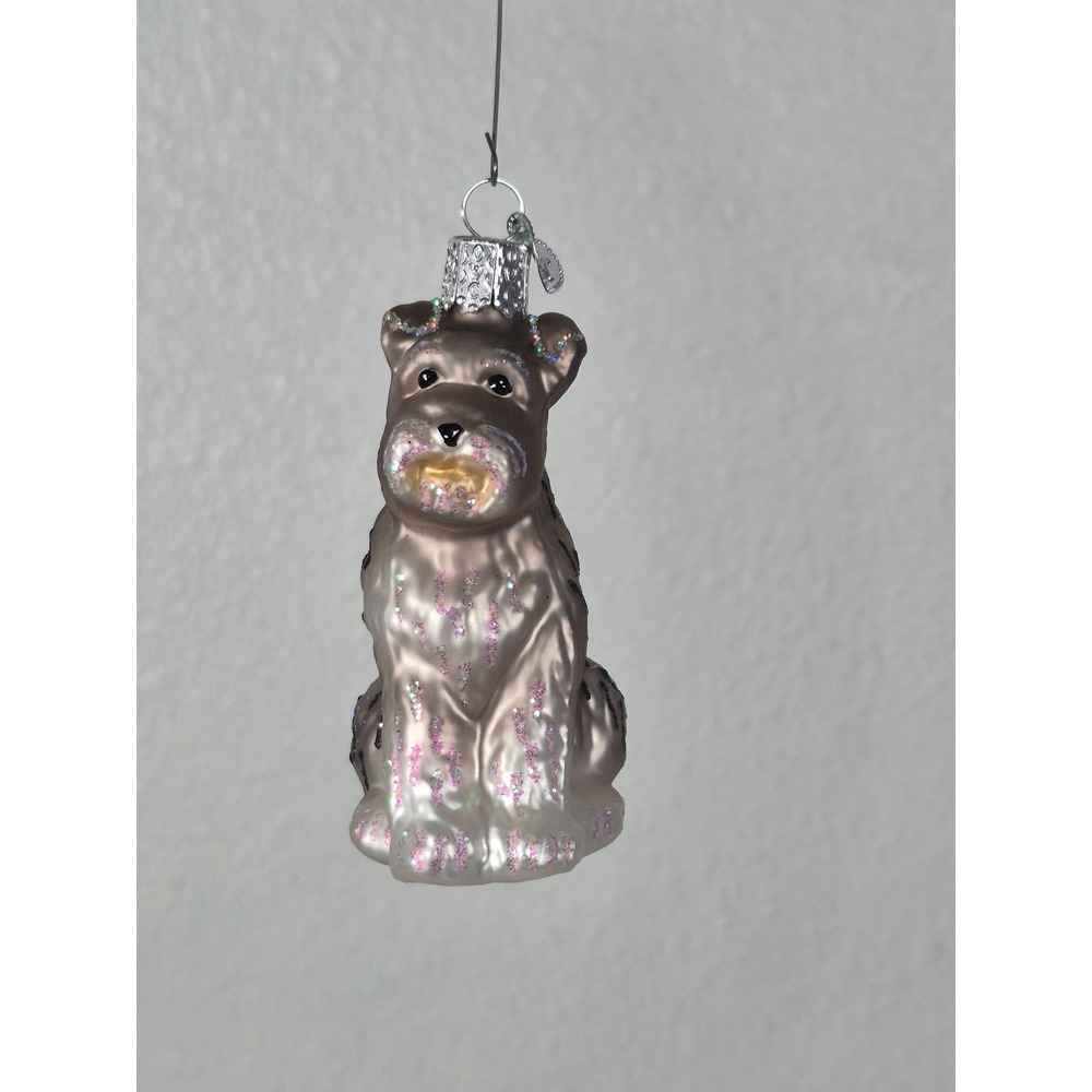 Old World Christmas Schnauzer Dog Glass Ornament Glitter Brown Champagne Silver